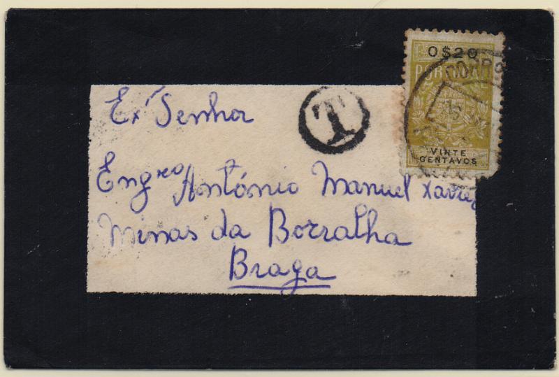 0531 f.jpg -     Lote:    531 (frente)                   Descrição:         Porteado. Selos de recurso tipo Caravela. Sobrescrito de reduzidas dimensões circulado de Lisboa para Braga (02.08.53) com estampilha fiscal de 20c, não considerada com poder de franquia e porteado no dobro do porte em falta com par de selos de $20 CE620.        Carta       Valor Base:     &euro; 15,00     Valor Venda:     &euro;      